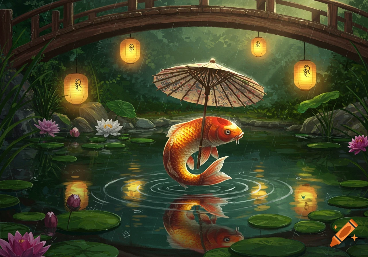 A vibrant orange koi fish holds a patterned umbrella in a rainy Japanese garden, floating above a pond with lily pads and glowing lanterns.