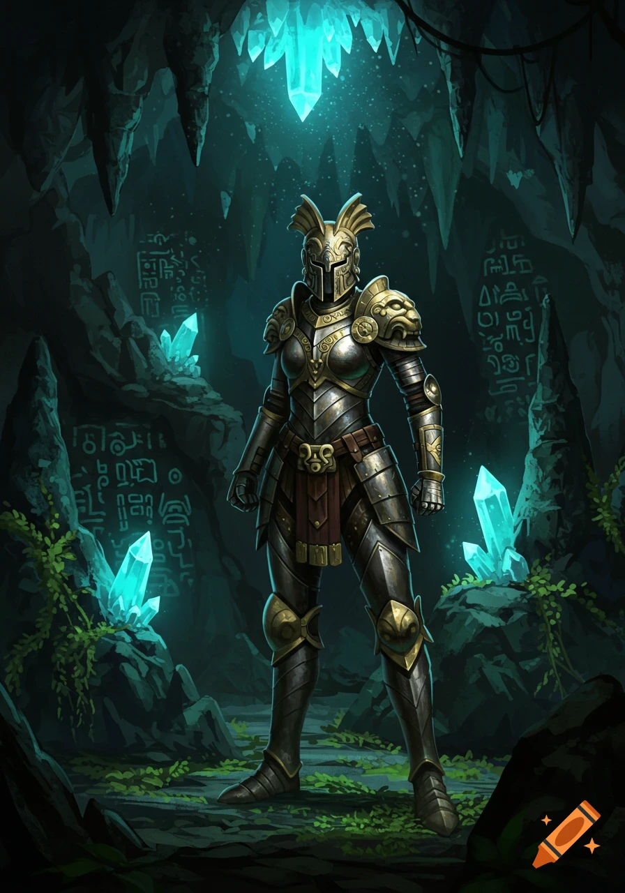 A female knight in golden and silver armor with a helmet stands in a dark cave illuminated by glowing blue crystals.