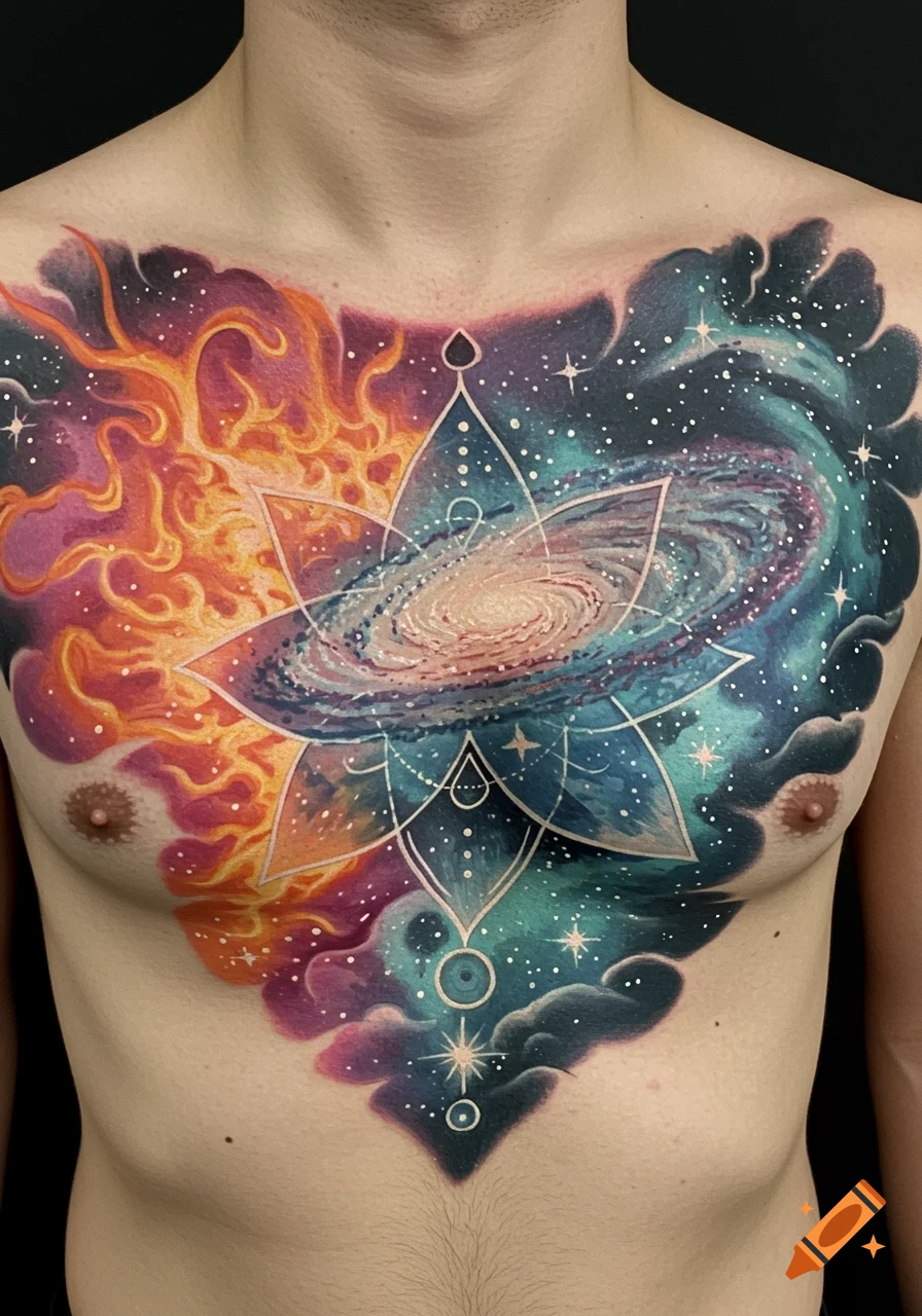 A large, colorful chest tattoo depicting a cosmic lotus with a fiery supernova on one side and a galaxy on the other.