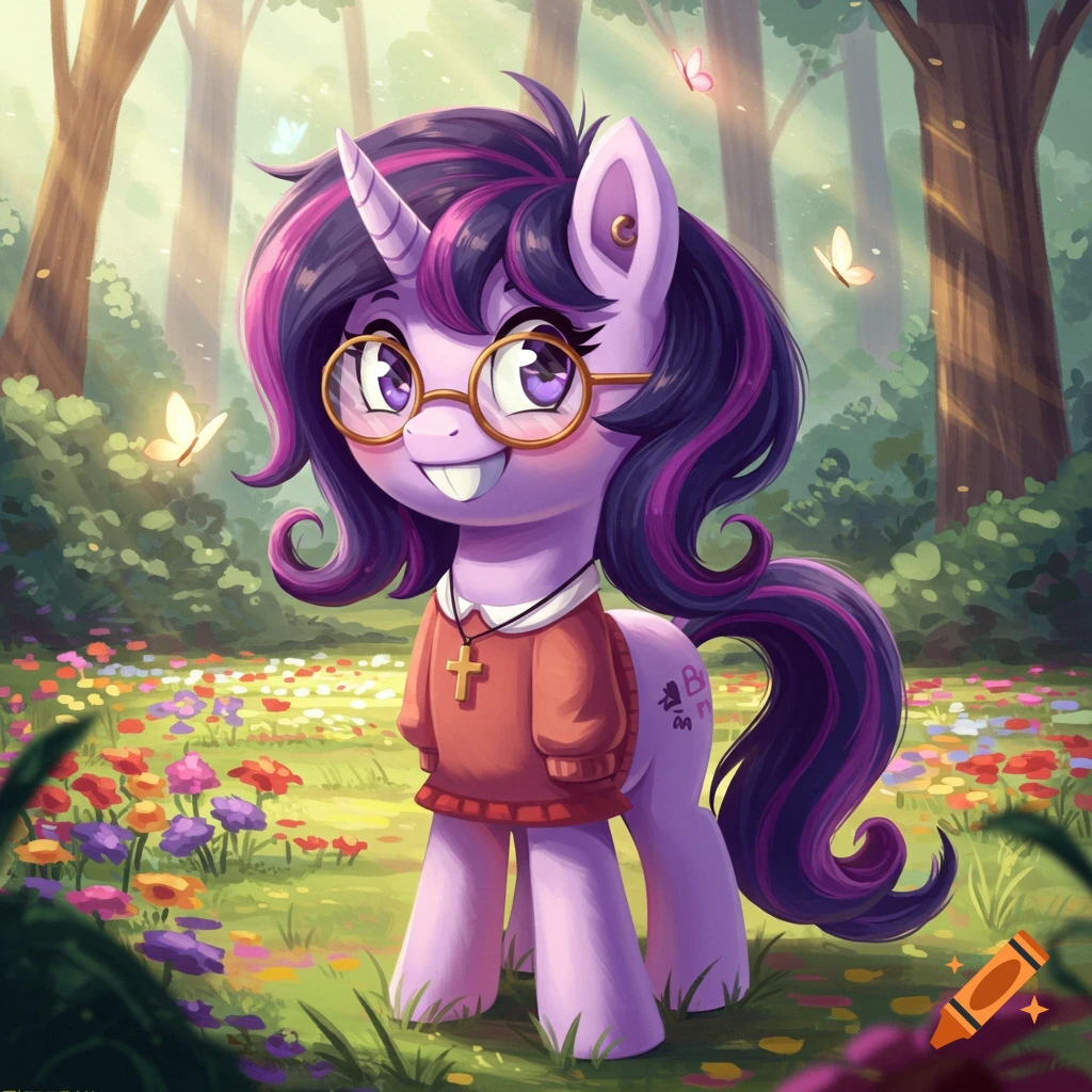 A purple cartoon unicorn with glasses and a cross necklace stands in a forest with colorful flowers.