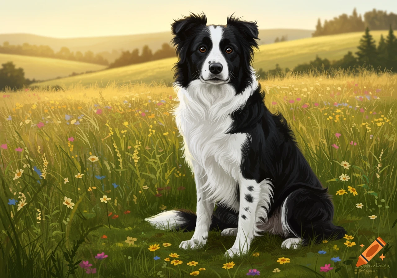 A black and white Border Collie dog sits in a field of colorful wildflowers at sunset, in a digital painting style.