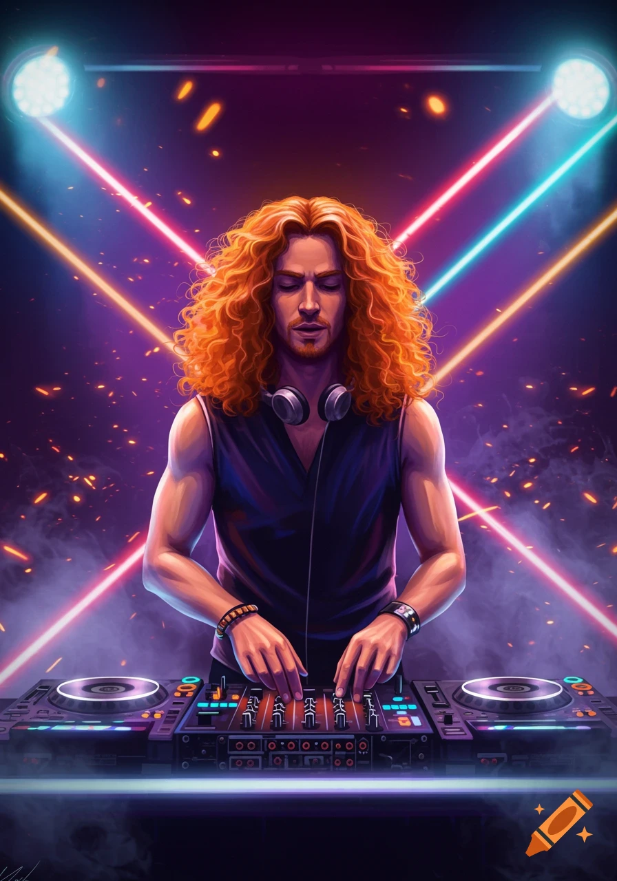 An illustrated DJ with long curly ginger hair operates a mixer amidst neon laser lights and glowing particles.
