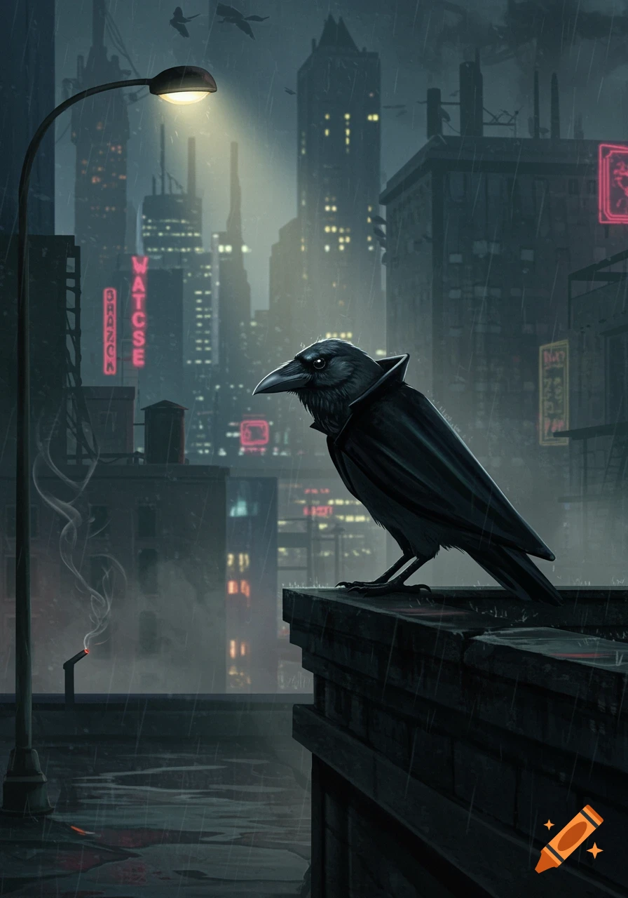 A black crow wearing a cape stands on a rainy rooftop in a dark, neon-lit city at night, evoking a noir atmosphere.