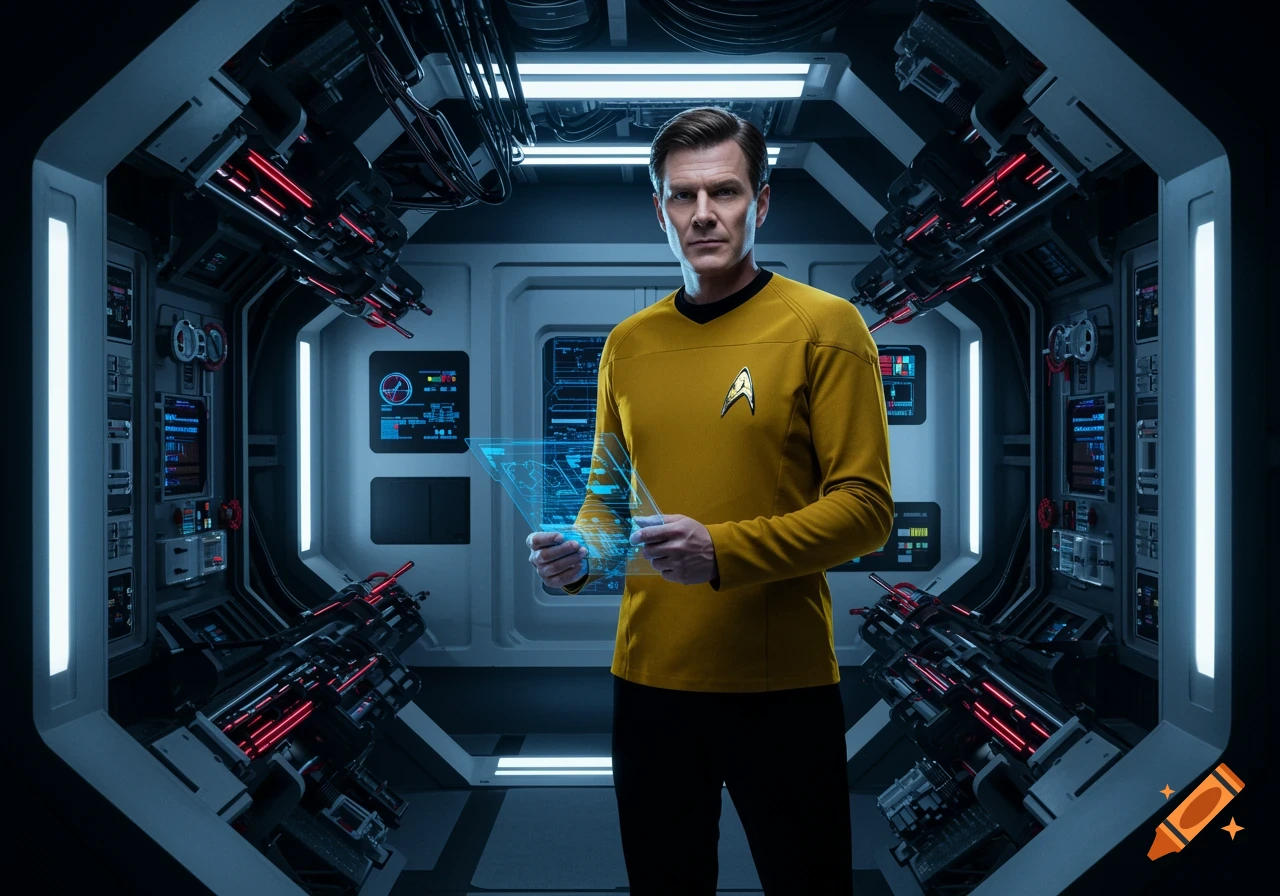 A male Star Trek engineering officer in a yellow uniform stands in a futuristic spaceship corridor, holding a holographic display. Photorealistic.
