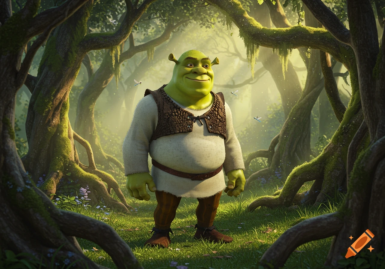 Shrek stands smiling in a vibrant, mossy forest with sunlight filtering through the trees.