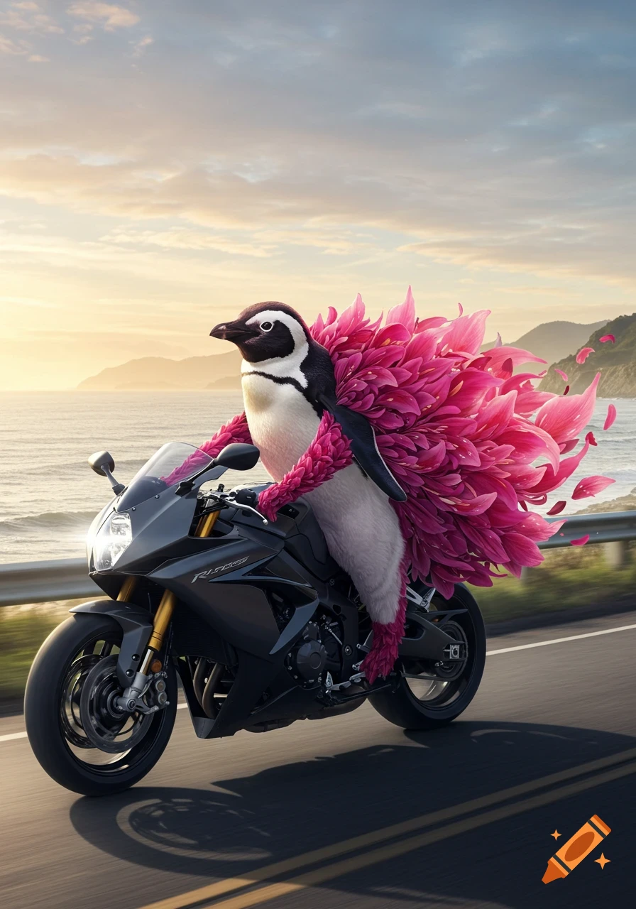 A photorealistic image of a penguin-like creature with pink flower petals riding a black motorcycle on a coastal road at sunset.