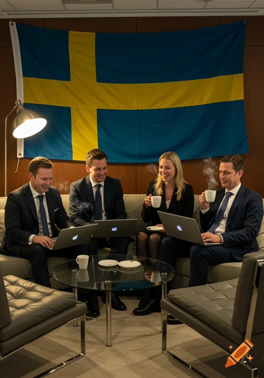 Four professionals in suits work on laptops and drink coffee on a sofa in a modern office lounge, with a large Swedish flag in the background.