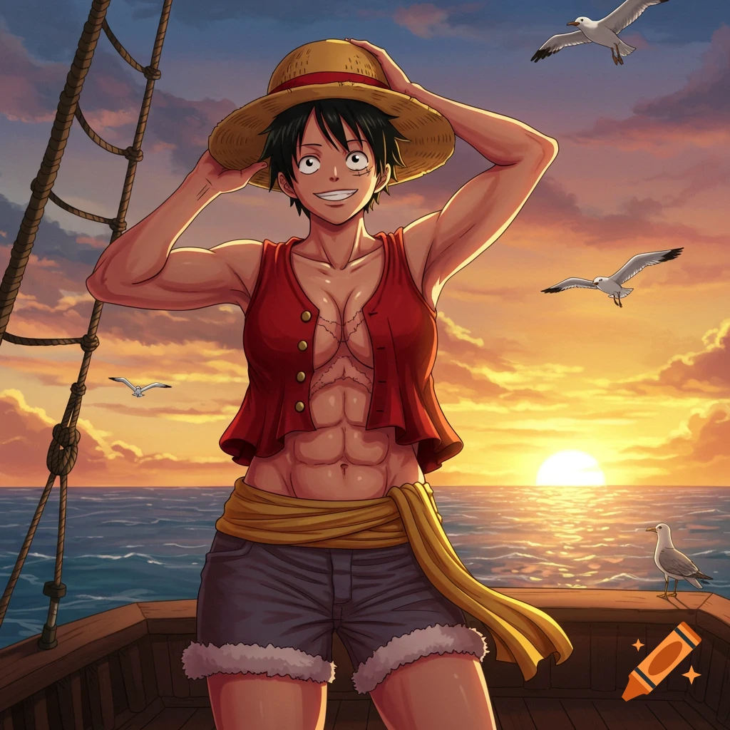 Anime illustration of a muscular, trans femme Luffy in a straw hat and red vest, standing on a pirate ship deck at sunset with seagulls.