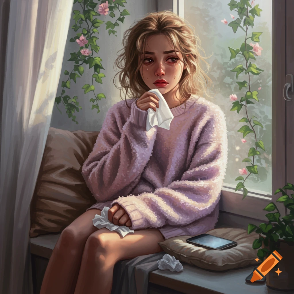 A crying young woman with red eyes sits by a window with tissues, an illustration.