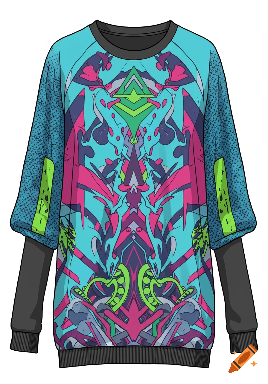 An illustration of a long-sleeved shirt with a vibrant abstract graphic print in turquoise, fuchsia, purple, and green colors.
