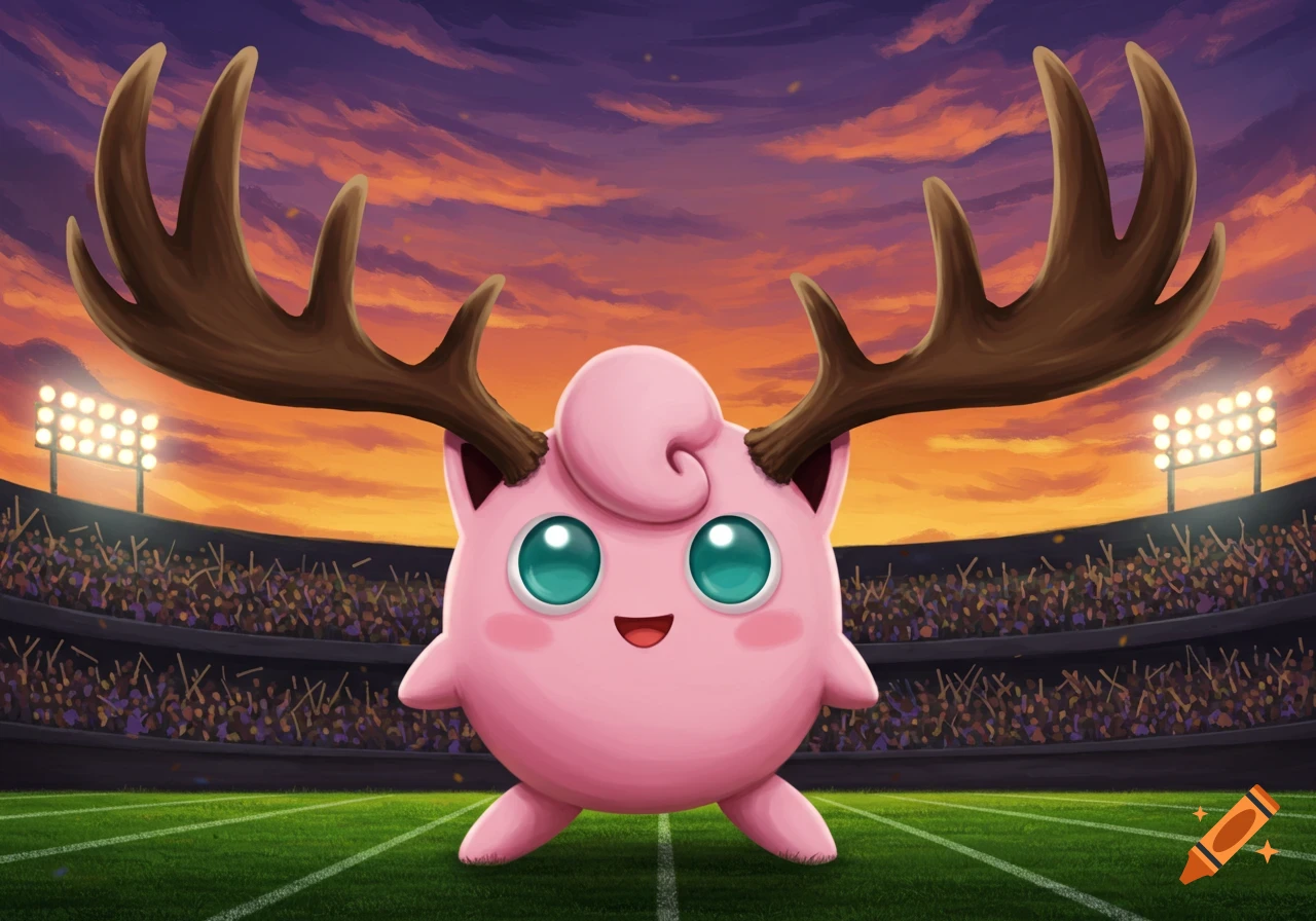Cartoon Jigglypuff with moose antlers on a football field in a stadium at sunset.