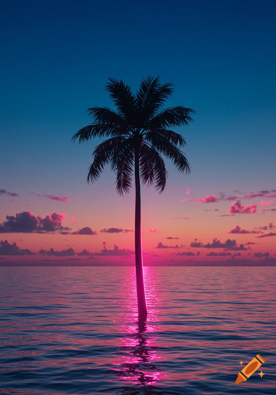 A lone palm tree glows neon pink in water at sunset, with a vibrant pink and blue sky.