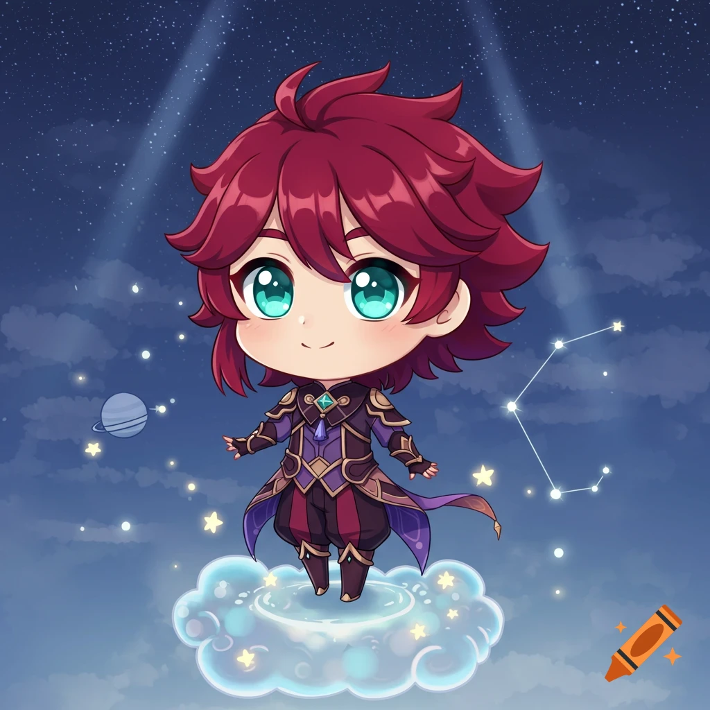 A cute chibi anime character with red hair and green eyes floats on a cloud in a starry night sky.