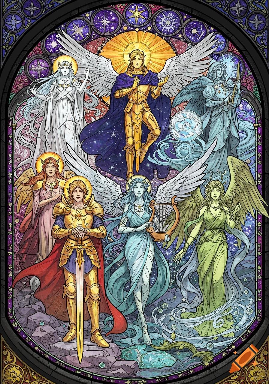 A vibrant stained glass artwork depicts seven winged, robed figures representing celestial beings and deities.