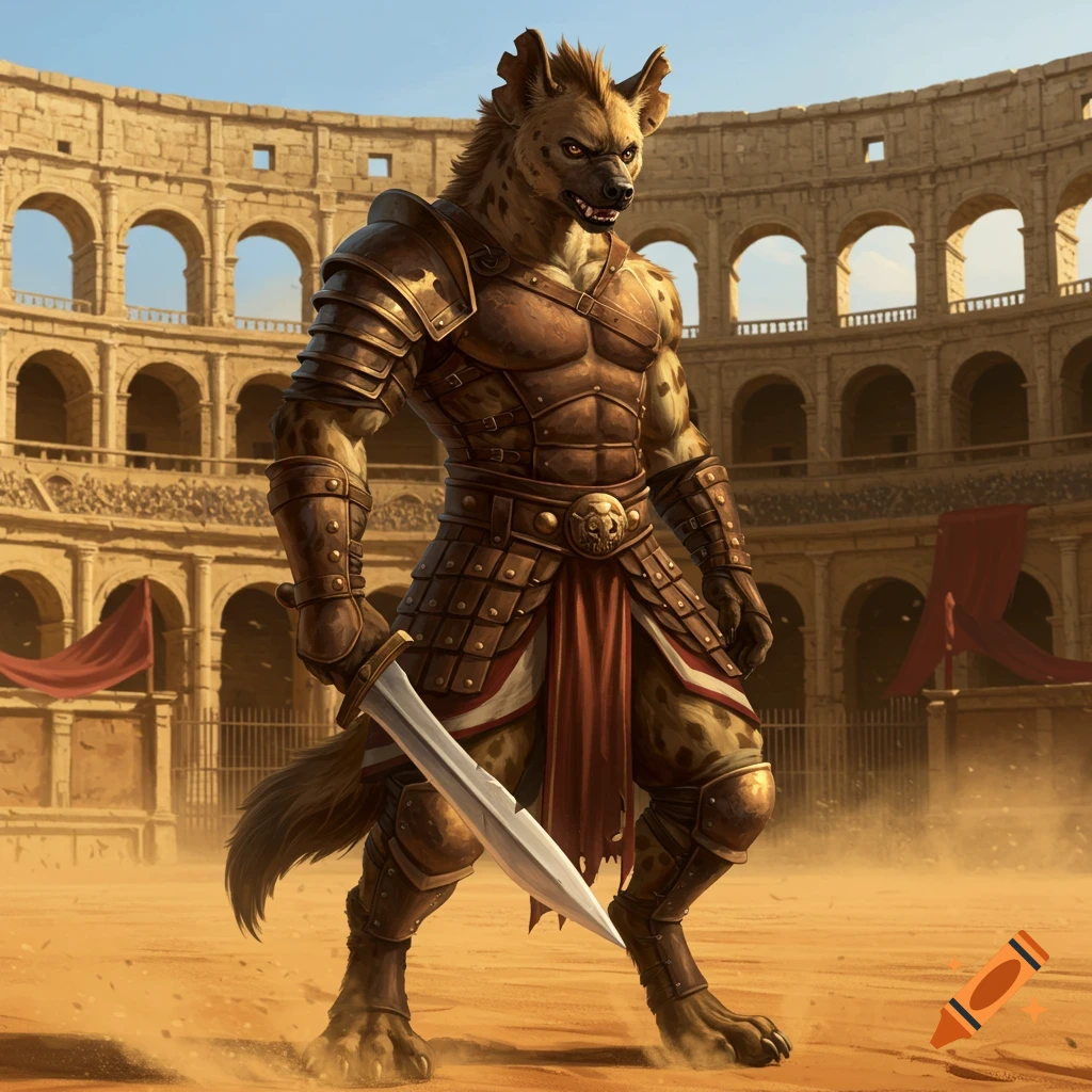 A male anthropomorphic hyena gladiator stands in a coliseum, holding a sword, in a digital art style.