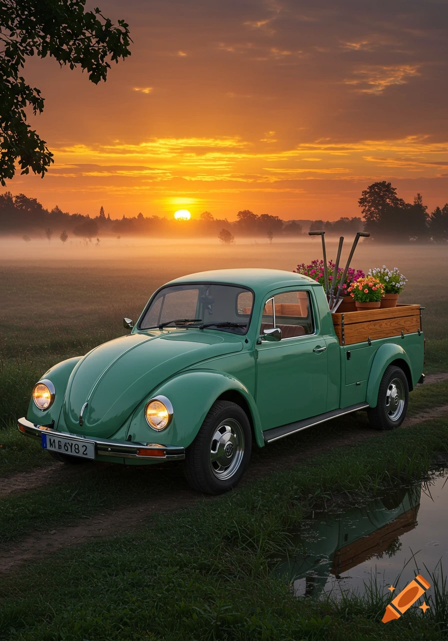 A green Volkswagen Beetle pickup truck parked on a dirt path in a misty field at sunset, carrying potted flowers and gardening tools.
