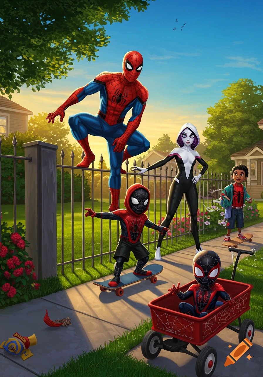 Spider-Man, Ghost-Spider, and two young Spider-Man characters, one on a skateboard and one in a wagon, on a sunny suburban sidewalk.