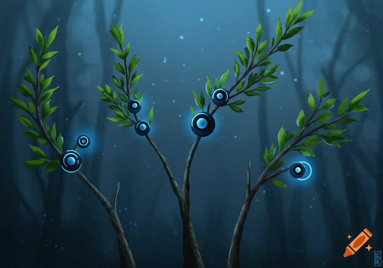 Three tree branches with green leaves and glowing blue orbs, set against a dark, mystical blue background.