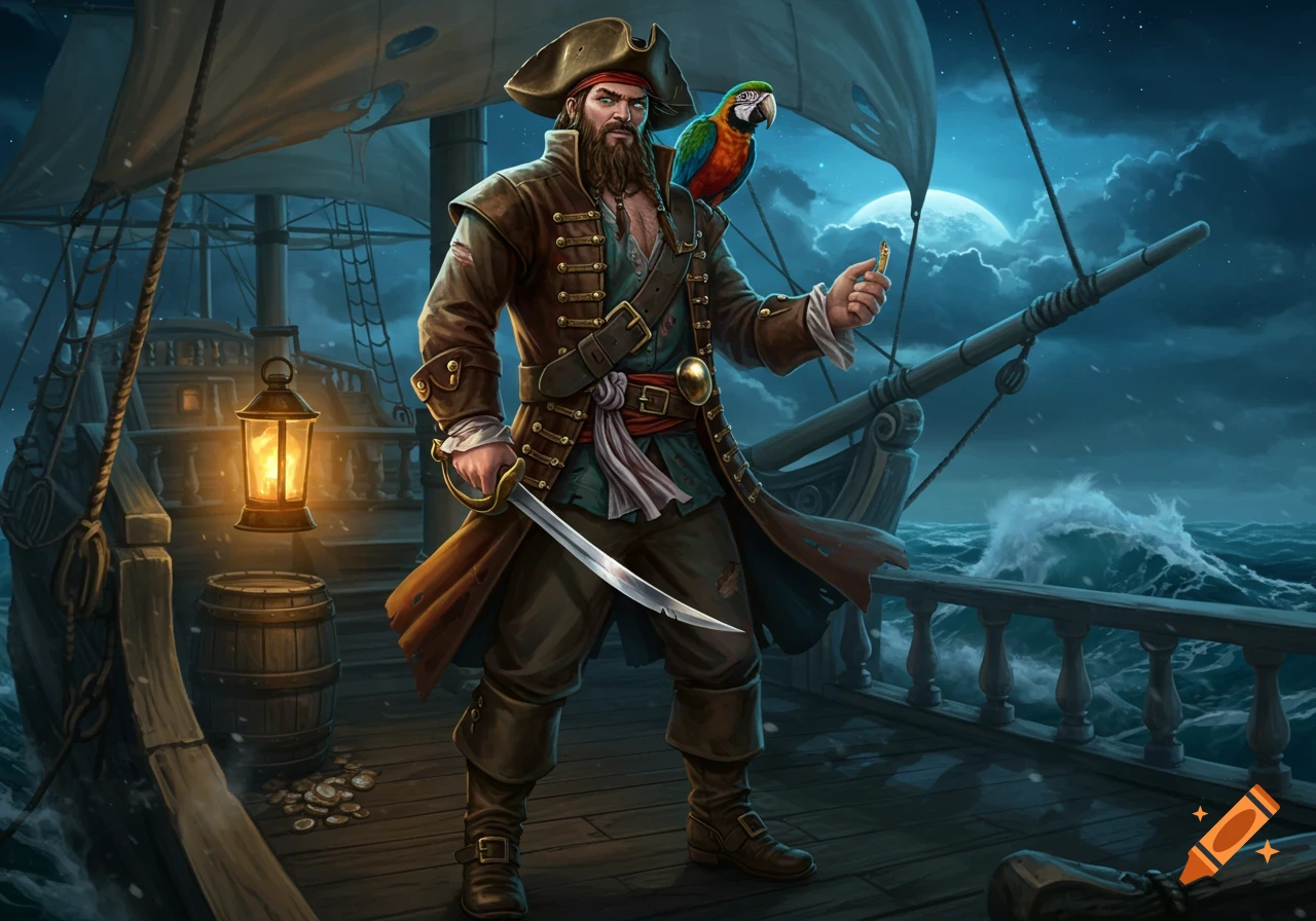 Bearded pirate with parrot on shoulder stands on a ship deck at night under a full moon, holding a sword.