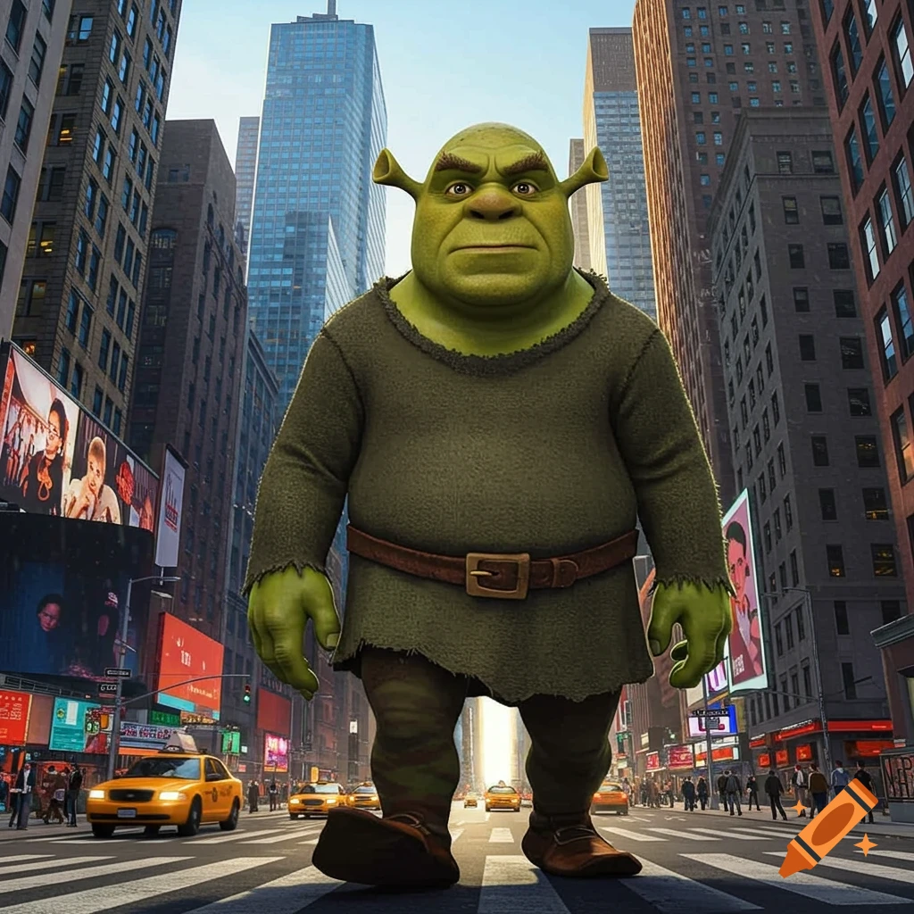 Photorealistic Shrek, the green ogre, walking through a busy New York City street with skyscrapers and yellow taxis.