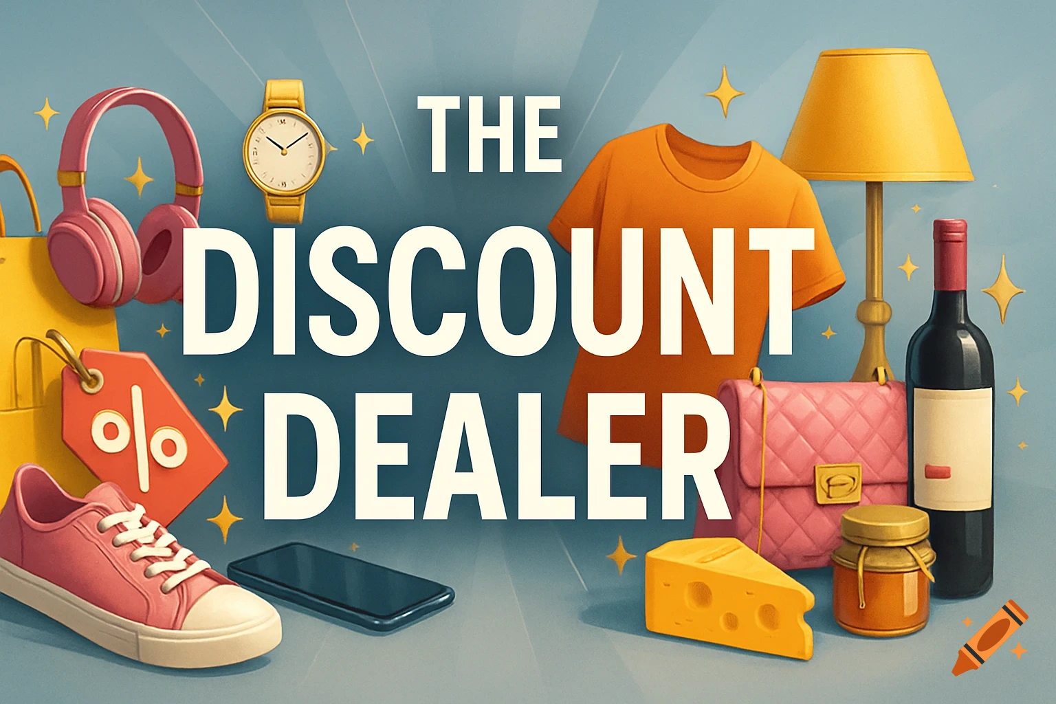 A vibrant illustration of various consumer goods including headphones, a watch, a t-shirt, a lamp, a handbag, a bottle of wine, a sneaker, a phone, a discount tag, a wedge of cheese, and a jar of honey, all surrounding the prominent text 'THE DISCOUNT DEALER'.