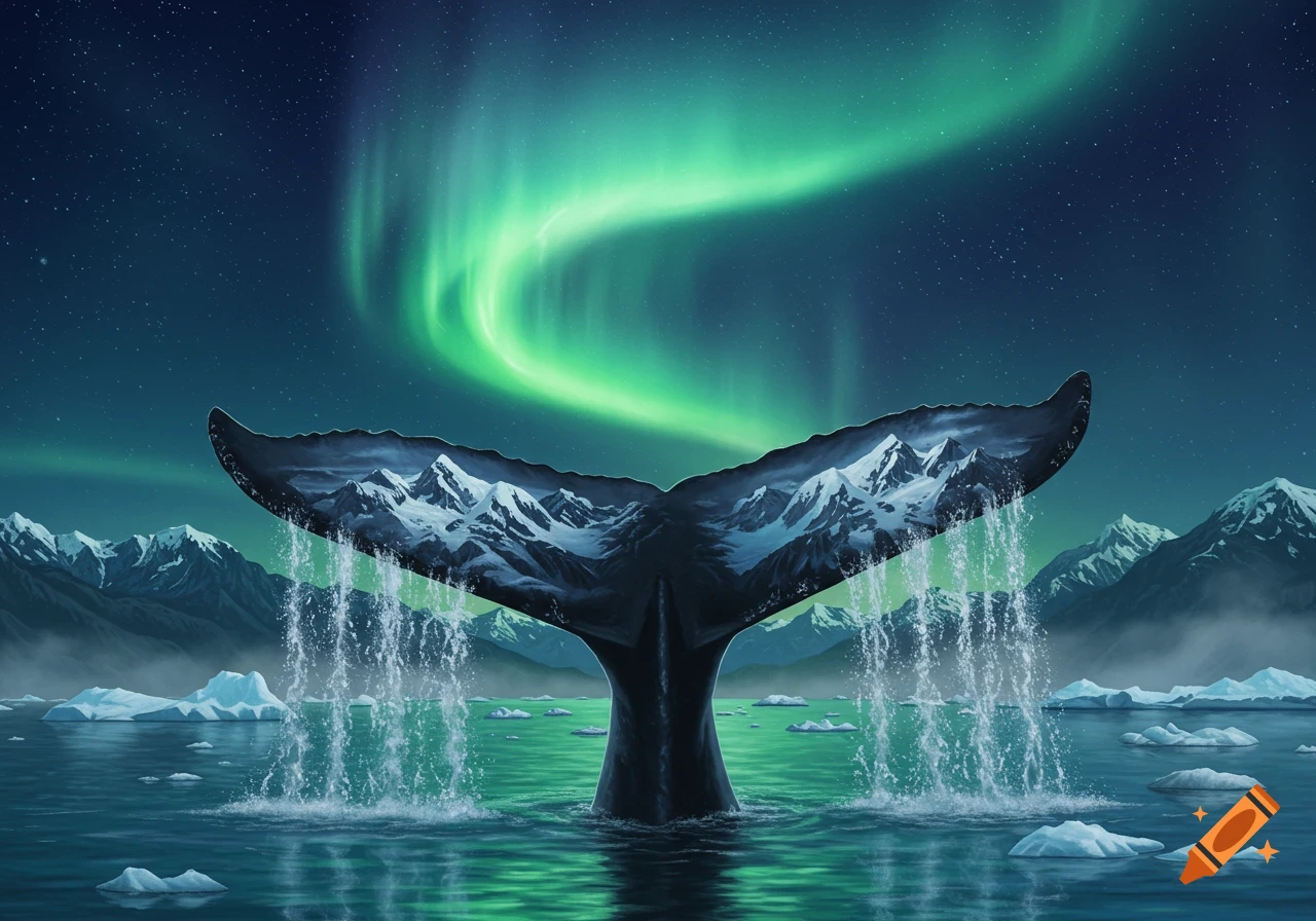 A whale's tail emerges from dark water, featuring snow-capped mountains on its fluke, with an aurora borealis overhead.