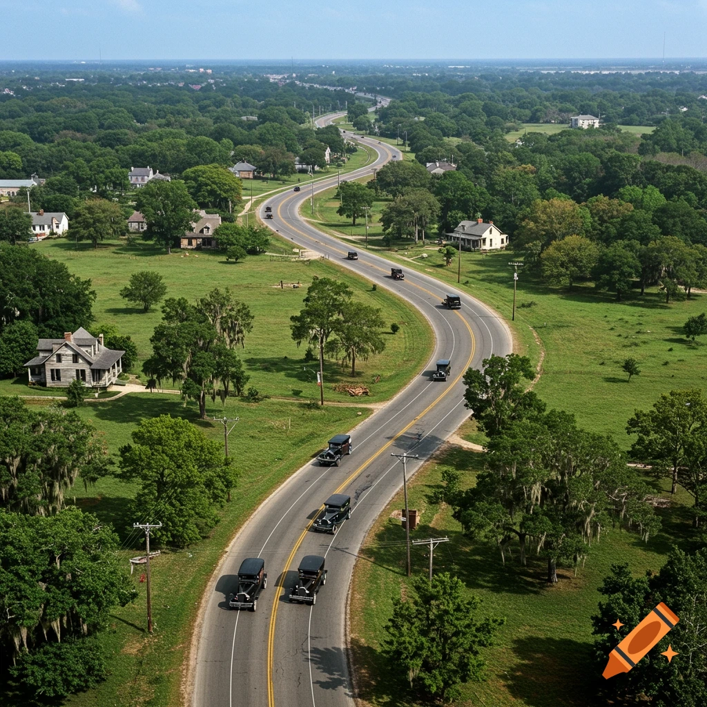 Color aerial view of a winding road with vintage cars in a green, tree-filled rural landscape with houses.