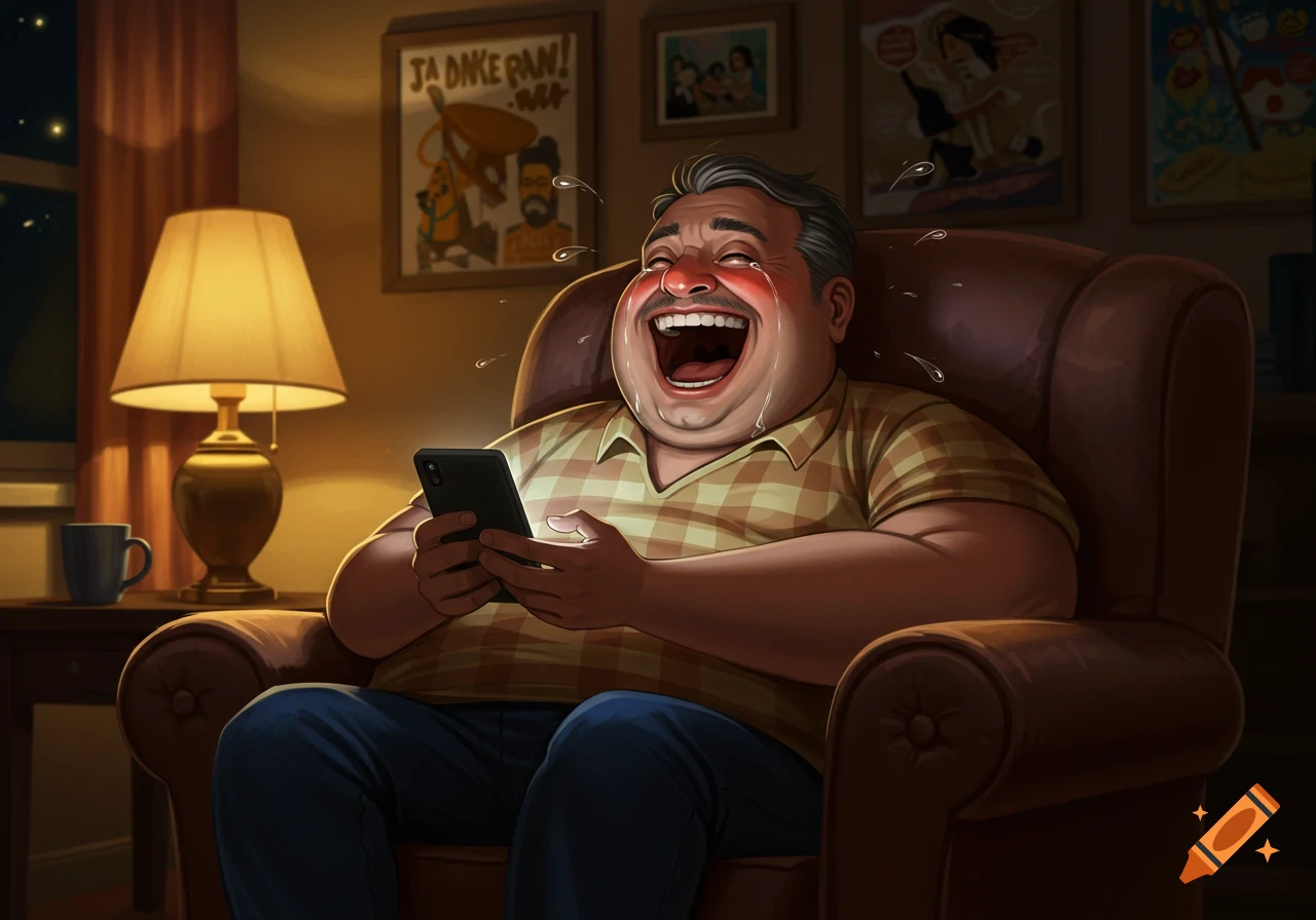 A jovial, plump man sits in an armchair, laughing hysterically at his phone, with tears streaming down his face from mirth.