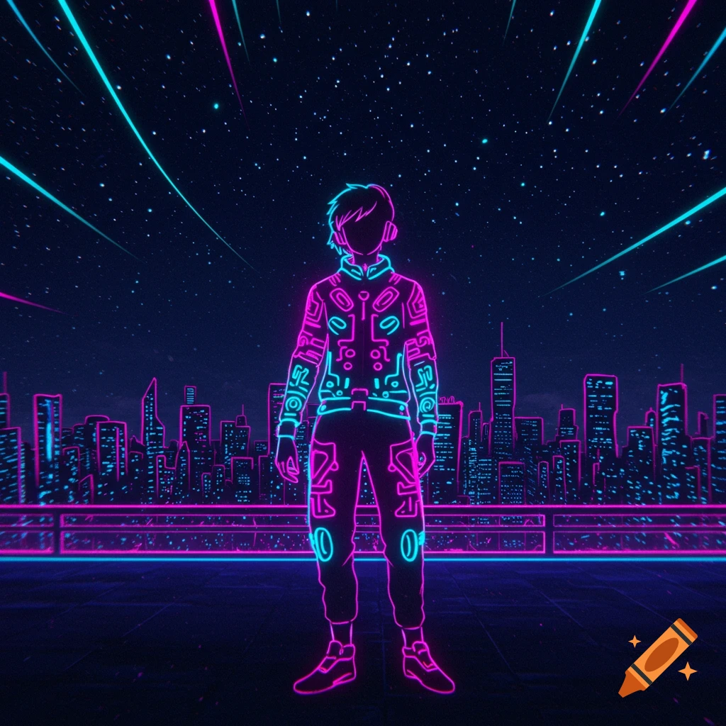 A person in neon-outlined futuristic attire stands on a rooftop overlooking a neon-lit cityscape under a starry sky.