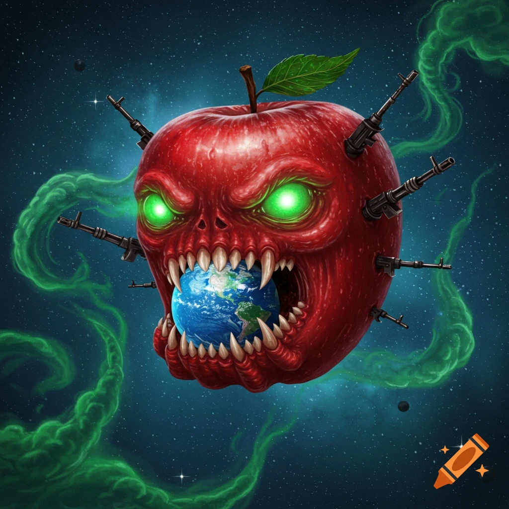 A monstrous red apple with glowing green eyes, sharp teeth, and machine guns embedded in its skin, devours planet Earth in outer space, surrounded by green smoke.