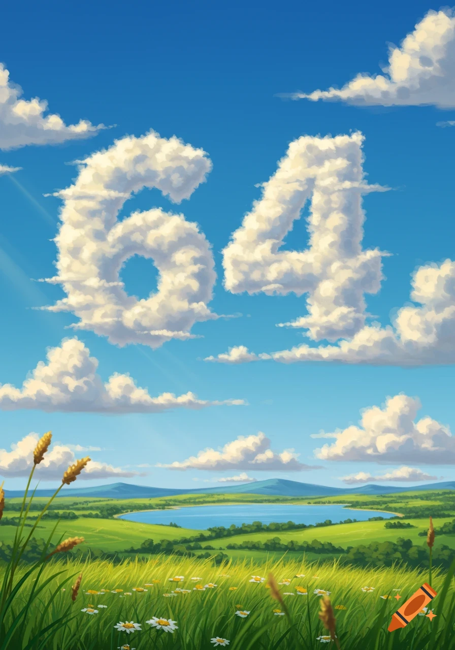The number 64 formed by white clouds in a bright blue sky over a green landscape with a lake and mountains.