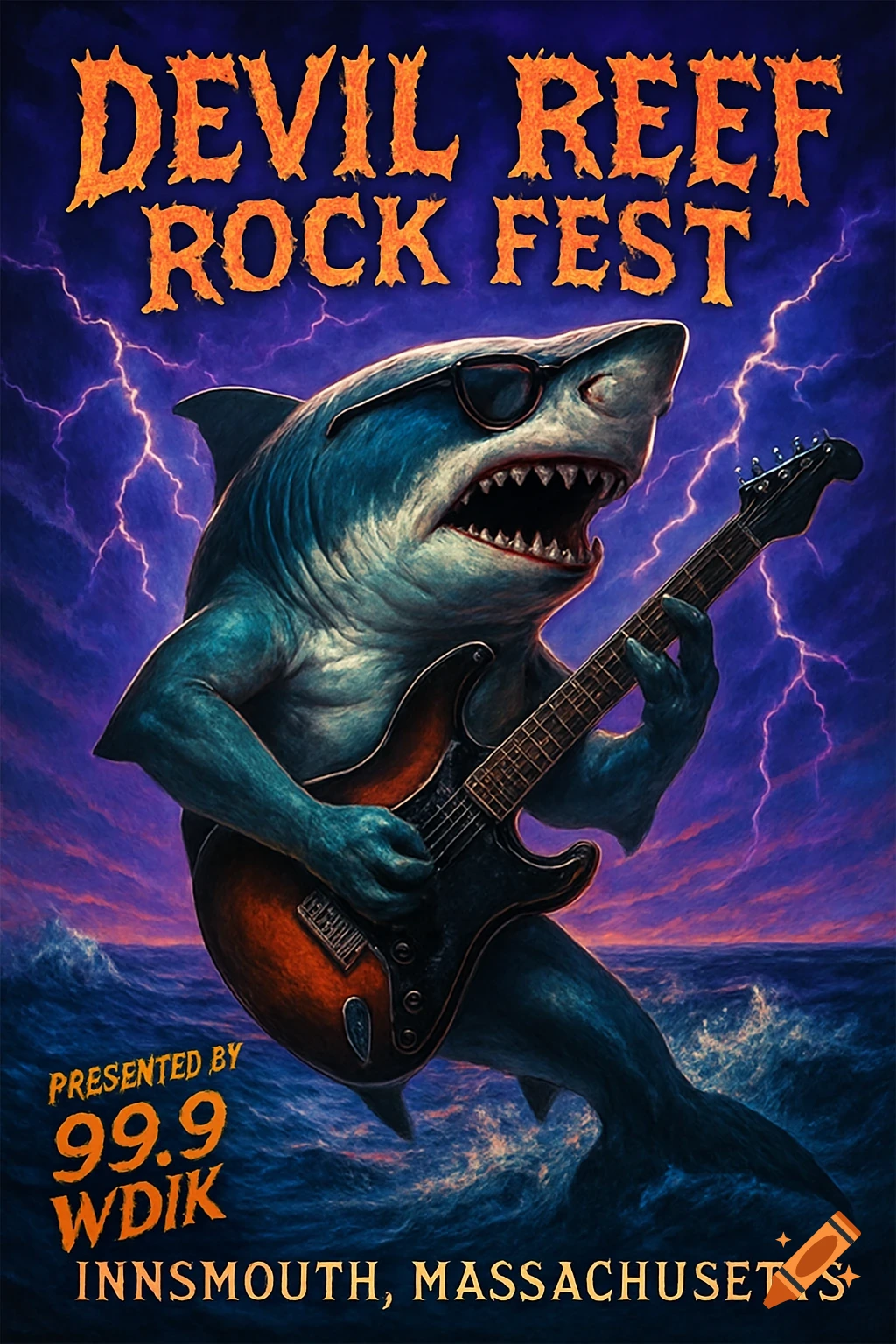 A stylized concert poster features a shark wearing sunglasses, playing an electric guitar while standing in ocean waves under a lightning-filled sky. Text reads "DEVIL REEF ROCK FEST", "PRESENTED BY 99.9 WDIK", and "INNSMOUTH, MASSACHUSETTS".