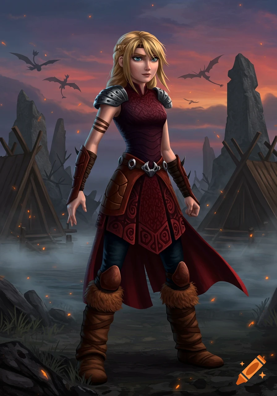 Astrid from How to Train Your Dragon, dressed in a red warrior outfit, stands in a misty Viking village at sunset with dragons in the sky.