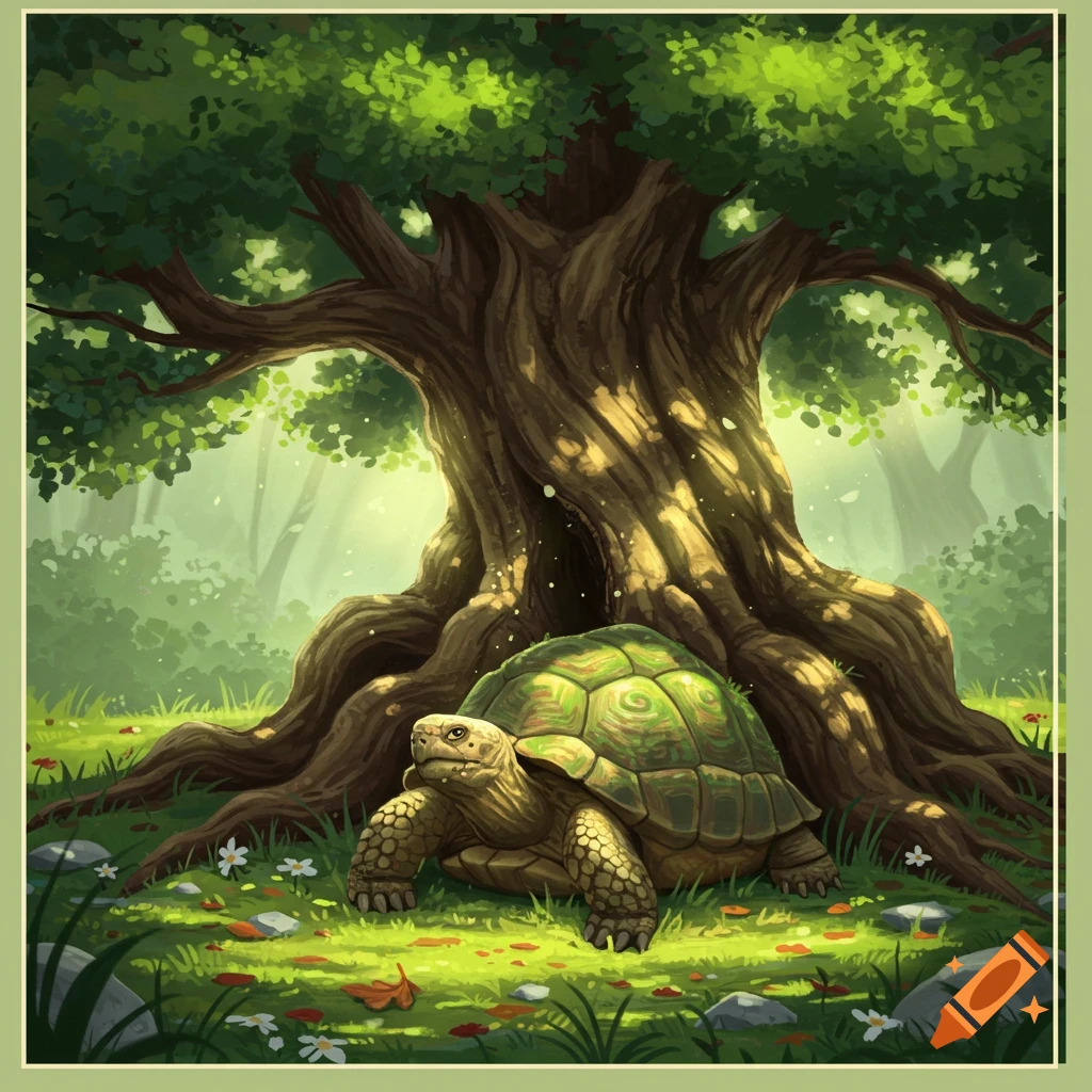 An illustration of a large tortoise sitting under the shade of a massive, gnarled tree in a sun-dappled forest.