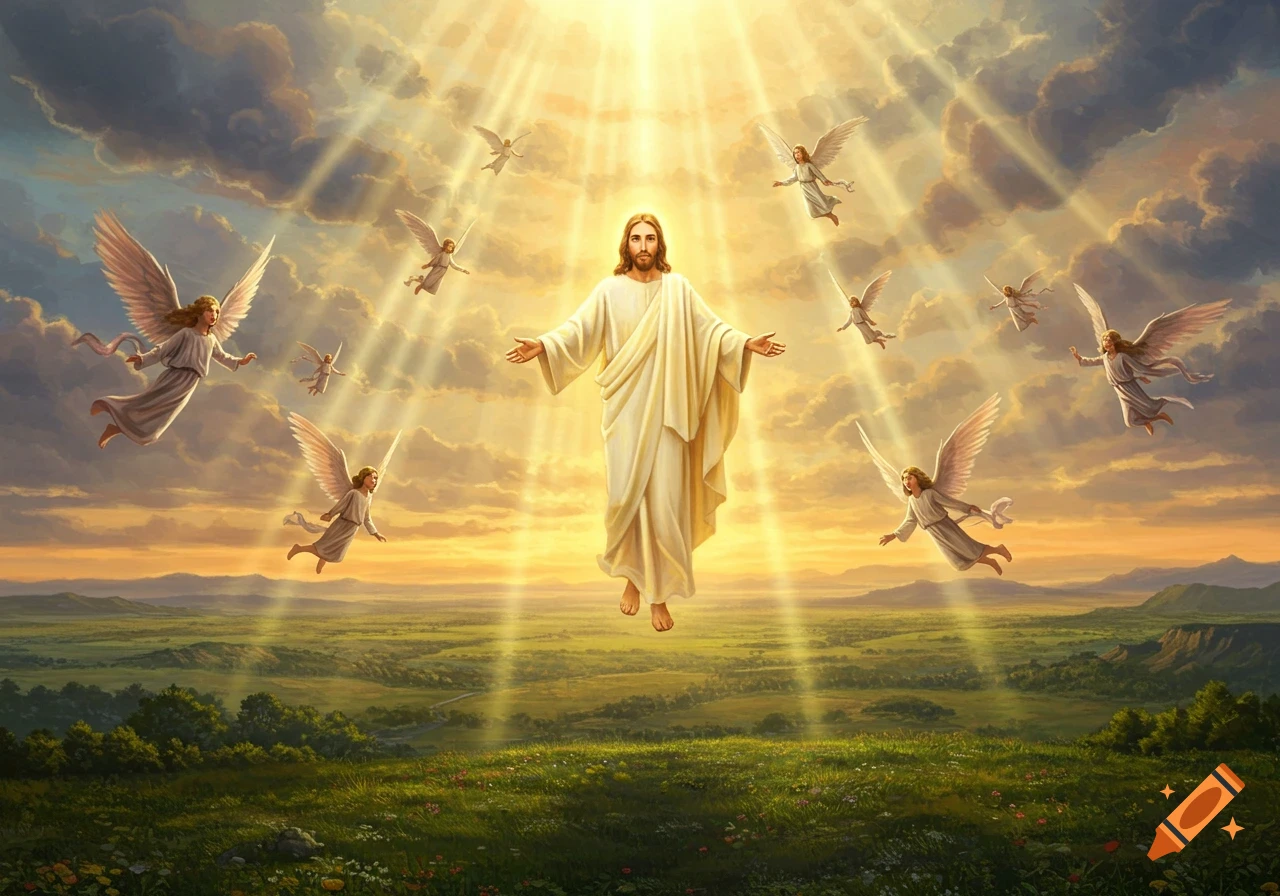 Jesus Christ ascends with outstretched arms, surrounded by angels under bright sunrays over a green landscape.