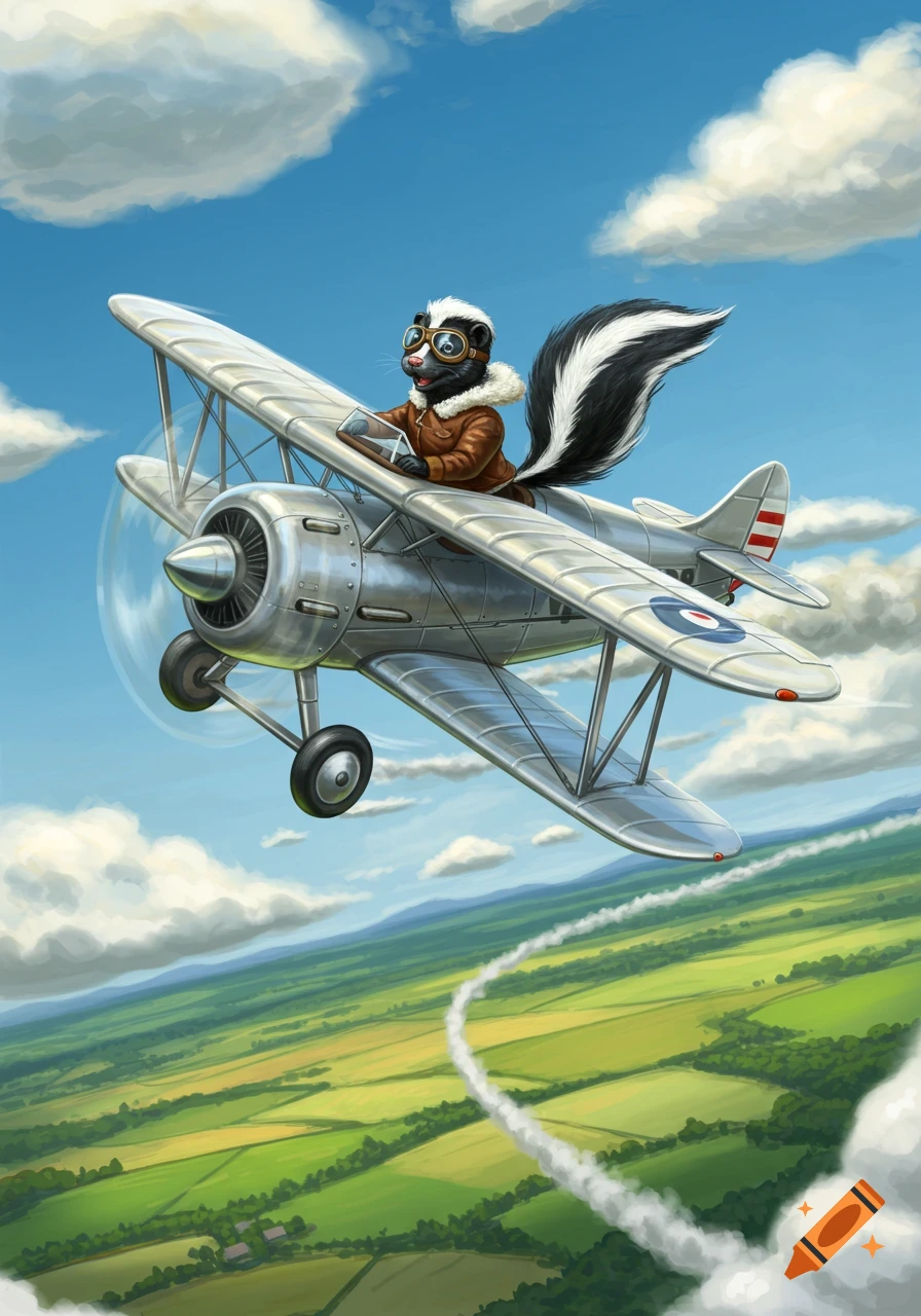 An illustrated skunk pilot wearing goggles and a brown jacket flies a silver biplane over a green landscape under a blue sky with clouds.