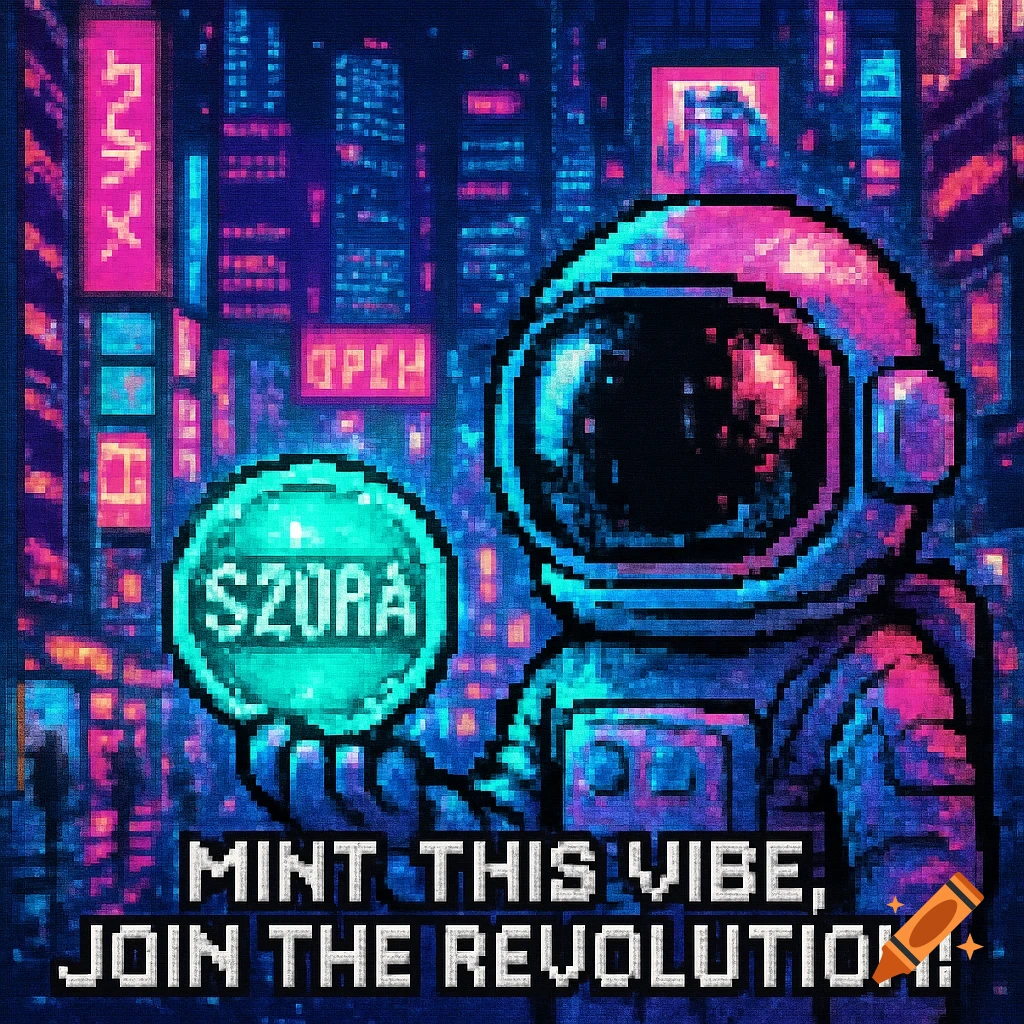 A pixelated astronaut in a neon cyberpunk city holds a glowing turquoise token with "SZORA" on it. Large pixel text below reads "MINT THIS VIBE, JOIN THE REVOLUTION!".