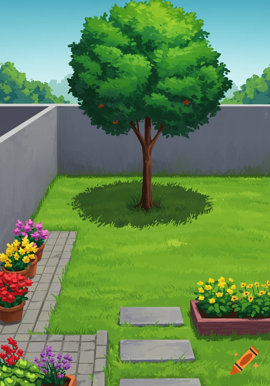 A vibrant, digitally painted backyard garden featuring a large fruit tree, green grass, a stone path, and colorful potted flowers.
