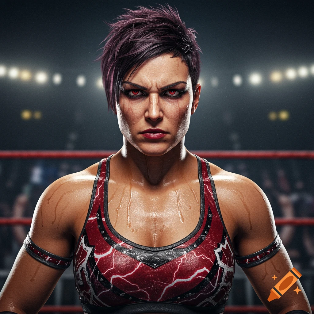 Photorealistic portrait of a female wrestler with short purple hair and red eyes, sweating in a red and black outfit in a wrestling ring.