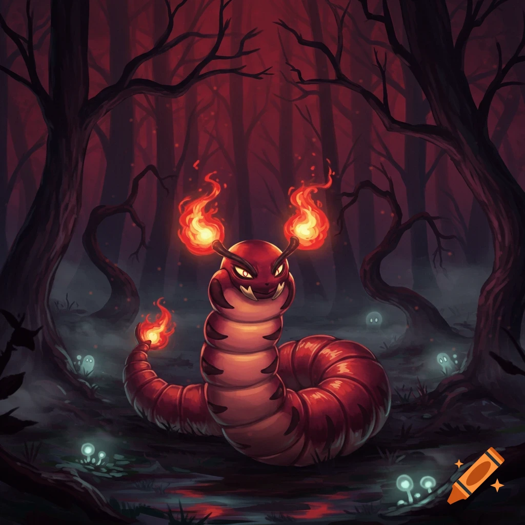 A menacing red fiery caterpillar-like creature with fangs and glowing eyes in a dark, red-lit forest with glowing ghosts.