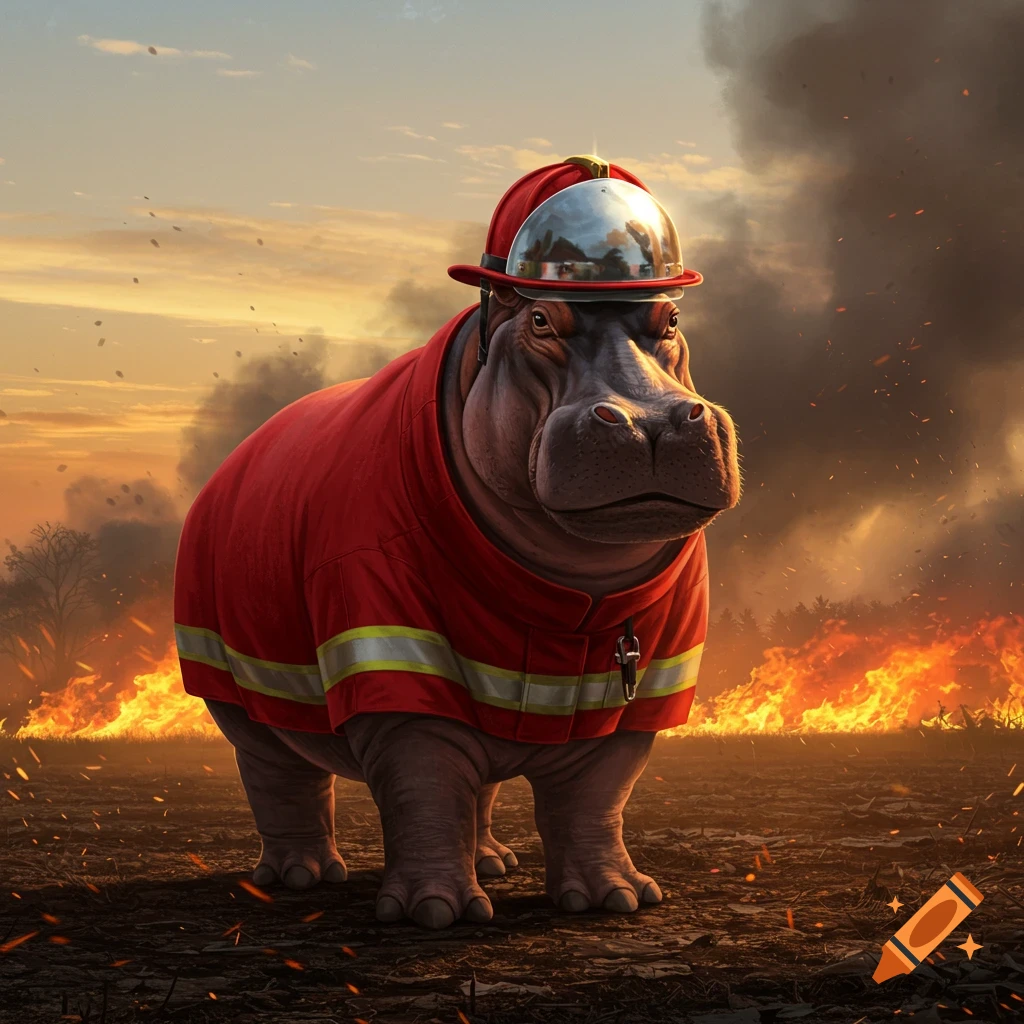 A determined hippo wearing a red firefighter coat and a silver helmet stands amidst a blazing wildfire at sunset.