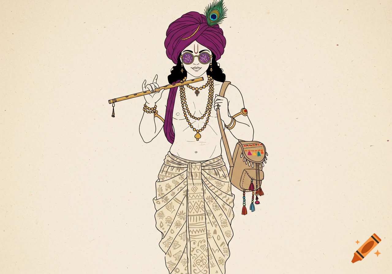 A line art illustration of Lord Krishna wearing a purple turban, round sunglasses, a dhoti, a beaded necklace, and holding a flute while carrying a backpack.