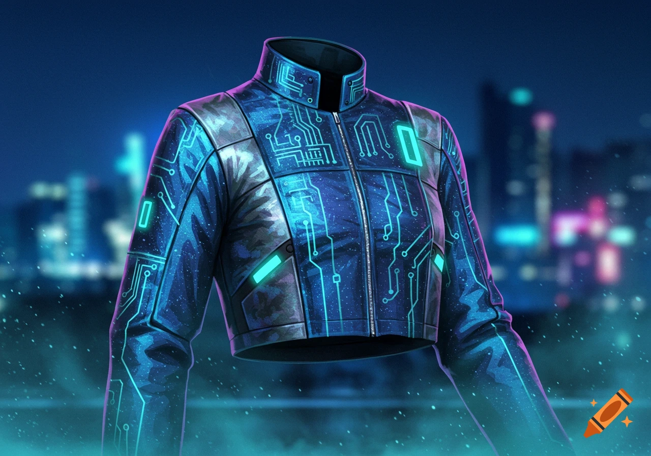 A futuristic neon blue cropped jacket with glowing circuit board patterns against a blurred city skyline at night.