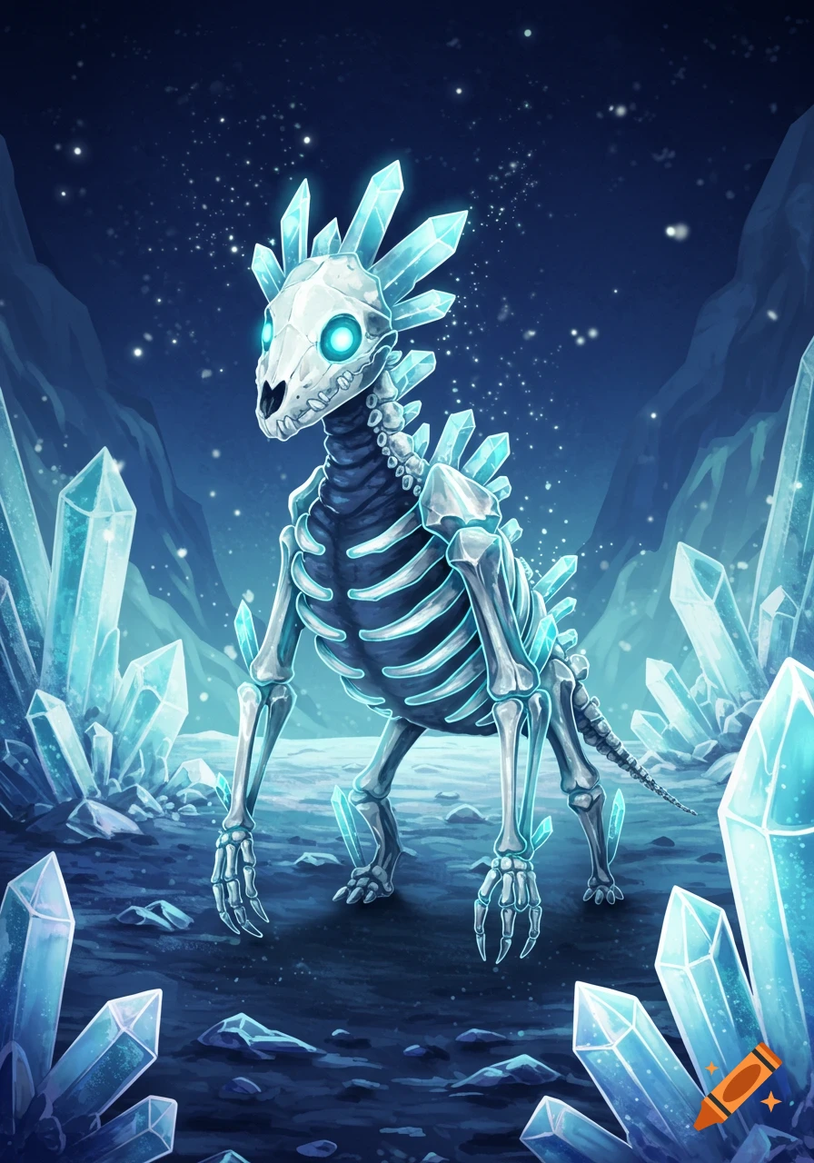 A skeletal crystal monster with glowing blue eyes stands in a dark cavern filled with large glowing blue crystals.