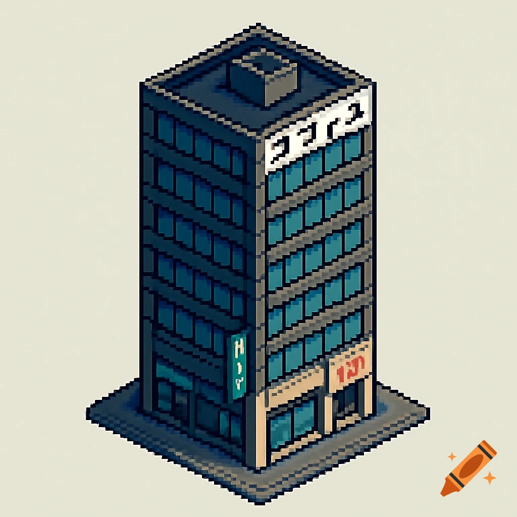 Isometric pixel art sprite of a modern Japanese office building with glass windows and pixelated signage.