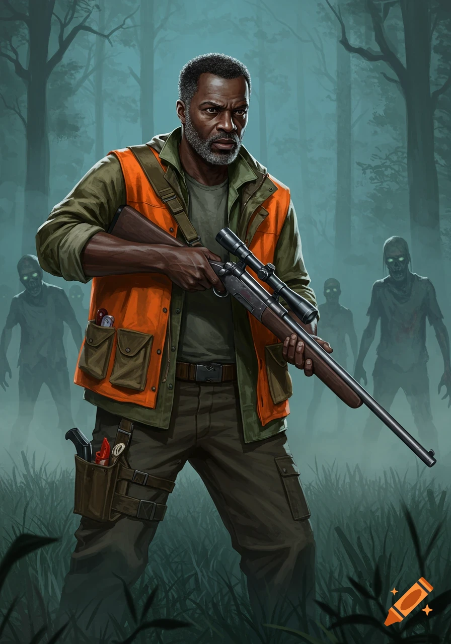 An illustration of a middle-aged Black man with a rifle, facing glowing-eyed zombies in a foggy forest.