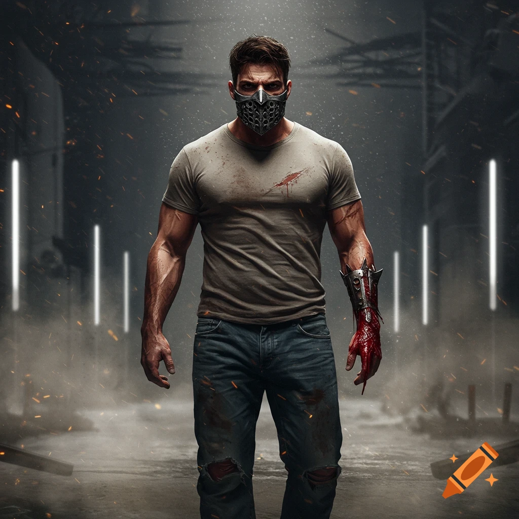 A muscular man in a metal mask and t-shirt with a bloody, damaged right arm stands in a dark, debris-filled alley.