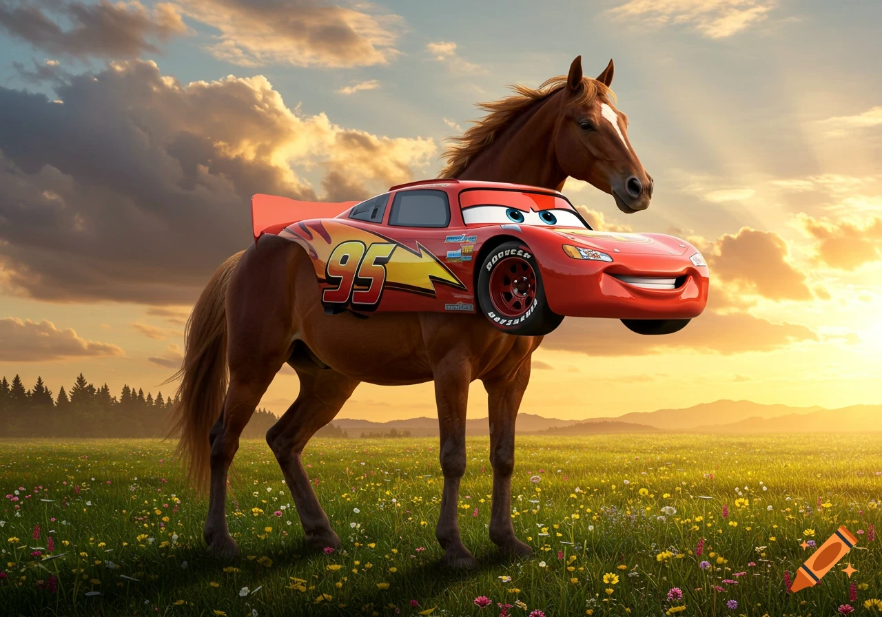 A photorealistic brown horse with Lightning McQueen's car body replacing its torso stands in a vibrant wildflower field at sunset.
