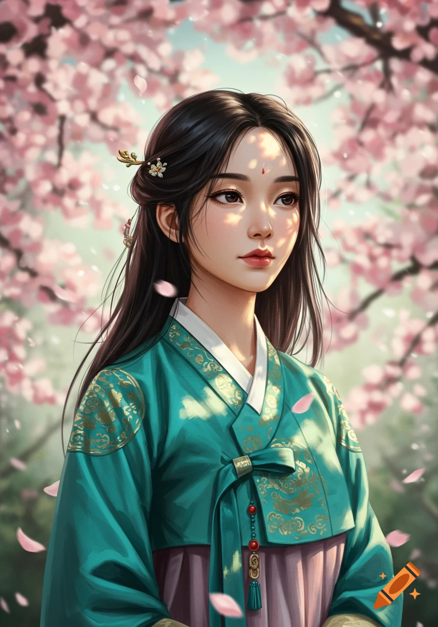 An anime-style portrait of a young Asian woman in traditional teal and pink clothing, with cherry blossoms in the background.
