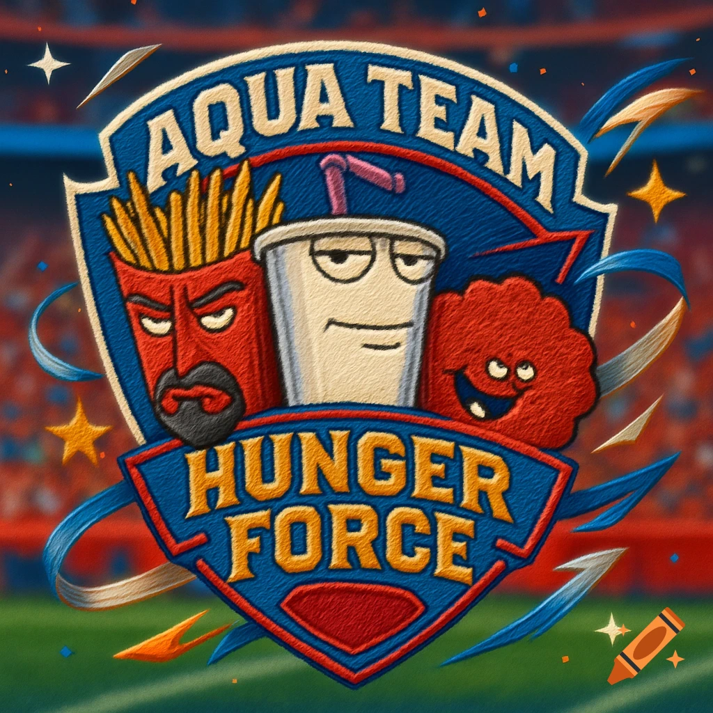 Aqua Team Hunger Force football logo with Master Shake, Frylock, and Meatwad on a shield, against a stadium background.